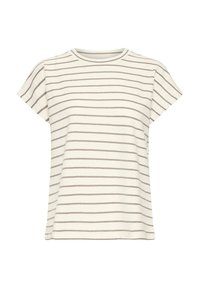 T-shirt blanc à manches courtes avec de fines rayures grises horizontales et un col rond, présenté sur un fond blanc uni.