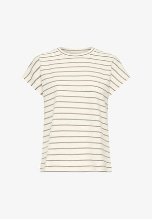 Wit T-shirt met korte mouwen met dunne horizontale grijze strepen en een ronde hals, afgebeeld op een effen witte achtergrond.