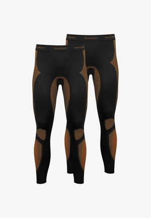 Schwarze Thermoleggings mit honigwabenförmigen Mesh-Akzenten in Orange. Verfügen über konturierte Kniebereiche und ein anliegendes Design für Komfort und Wärme.