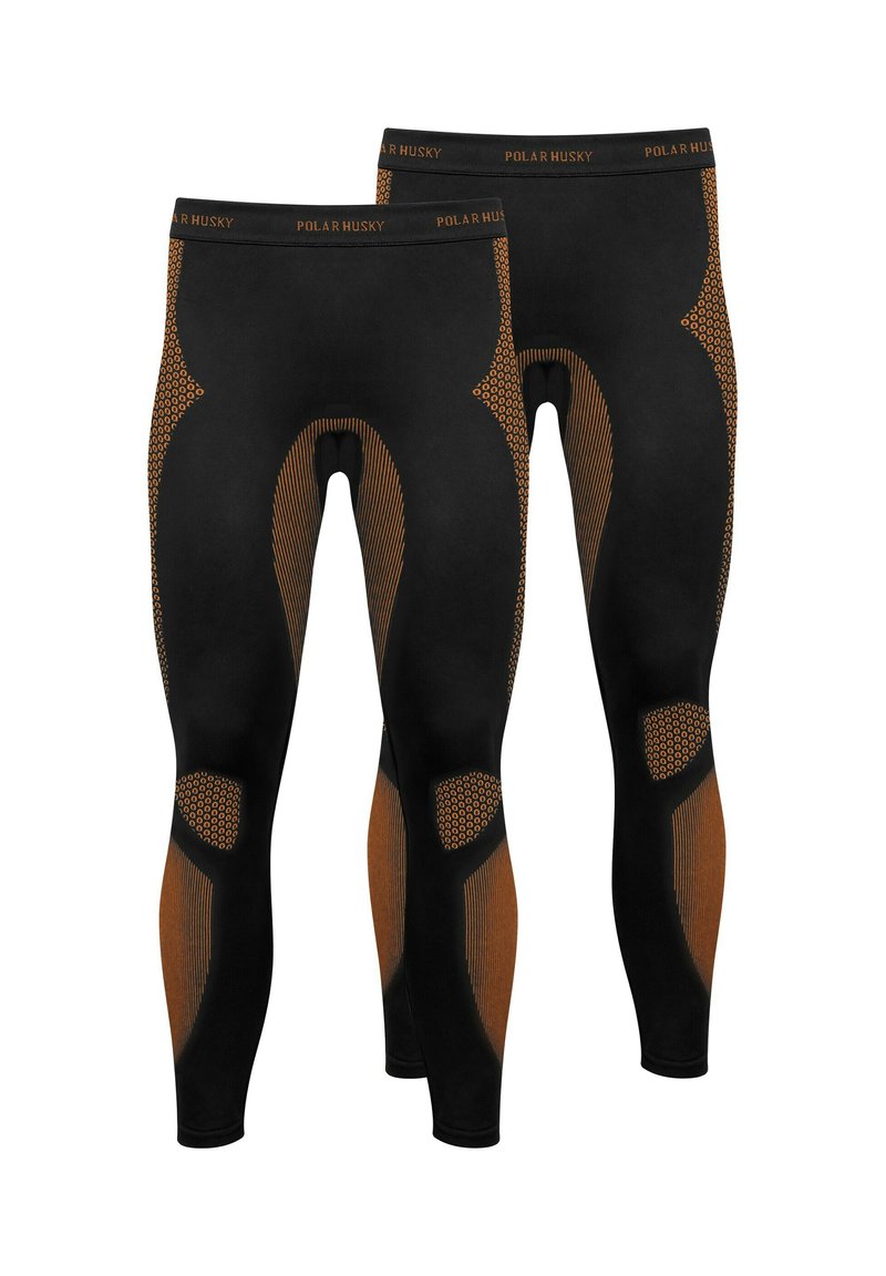 Black thermal leggings with honeycomb mesh accents in orange. Features contoured knee areas and a fitted design for comfort and warmth.