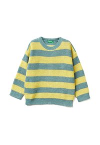 Sweter z dzianiny w niebiesko-zielone i żółte paski. Posiada okrągły dekolt, długie rękawy oraz luźny krój. Całość wykonana z fakturowanej przędzy.