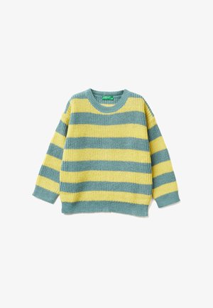 Sweter z dzianiny w niebiesko-zielone i żółte paski. Posiada okrągły dekolt, długie rękawy oraz luźny krój. Całość wykonana z fakturowanej przędzy.