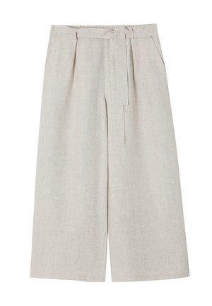 Pantaloni larghi in lino di un beige chiaro, dotati di un nastro in tessuto coordinato in vita e una texture liscia con sottili dettagli di cucitura.