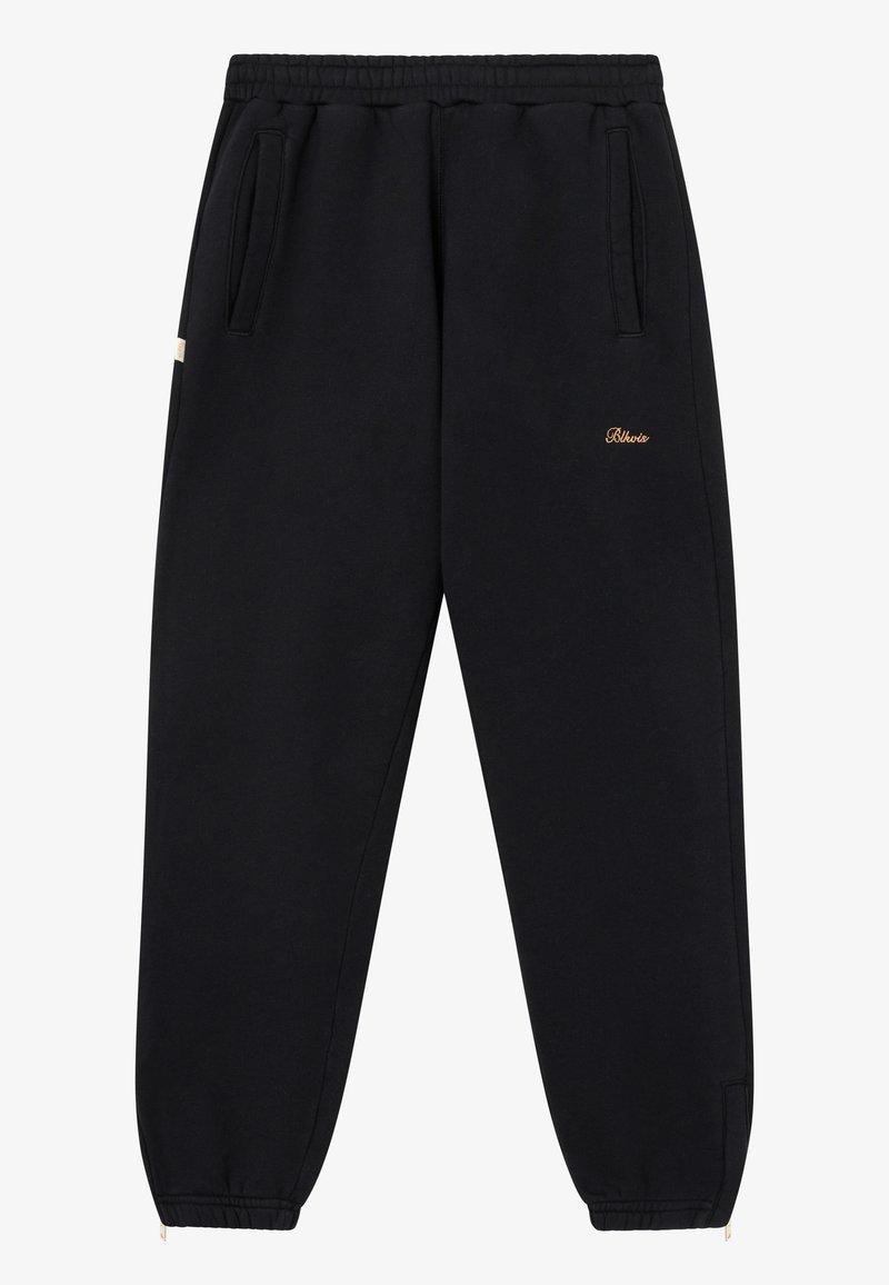 Sorte sweatpants lavet af blødt materiale, med elastisk talje, sidelommer og et lille guld logo på låret.