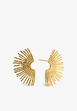Paire de boucles d'oreilles clous en métal doré en forme d'éventail avec des lignes texturées rayonnantes et une fermeture à tige arrière.