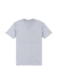 Camiseta gris de manga corta, cuello redondo, confeccionada en una mezcla de algodón, presenta una textura suave sin patrones ni detalles visibles en la parte trasera.