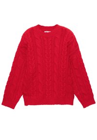 Pulover roșu tricotat cu un model de cablu, guler rotund și mâneci lungi. Fabricat dintr-un fir texturat, cu manșete și tiv din tricot rib.