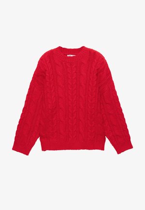Červený pletený sveter s káblovým vzorom, s okrúhlym výstrihom a dlhými rukávmi. Vyrobený z textúrovanej priadze s rebrovanými manžetami a spodným lemom.