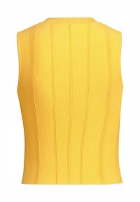 Keltainen hihaton paita, jossa on pystysuora ribbitekstuuri, pyöreä kaula-aukko ja tiukka siluetti, joka on valmistettu sileästä neulekankaasta.