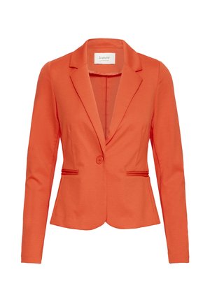 Veste blazer pour femme orange sur mesure avec fermeture à un bouton, revers crantés, deux poches à l'avant avec ouverture horizontale, et manches longues.