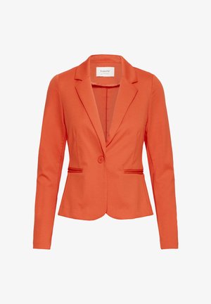Veste blazer pour femme orange sur mesure avec fermeture à un bouton, revers crantés, deux poches à l'avant avec ouverture horizontale, et manches longues.