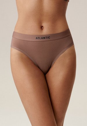 Brązowe figi hipsterskie z gładką fakturą, z szerokim paskiem oznaczonym napisem "ATLANTIC" w czerni, obcisłego kroju.