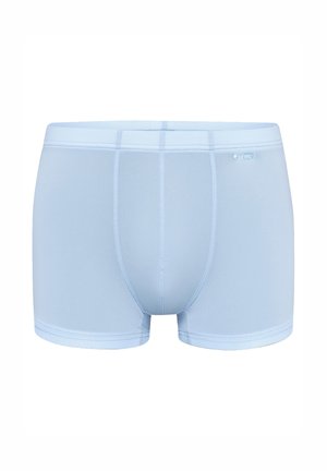 Jasnoniebieskie męskie bokserki z detalami szwów z przodu oraz małą metką z logo po prawej stronie paska w pasie.
