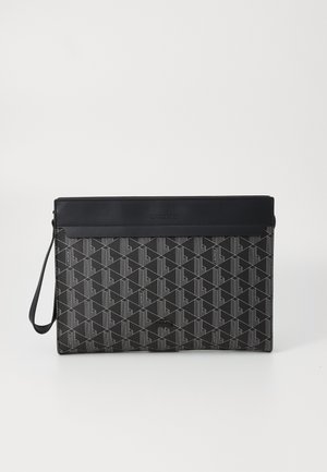 Black clutch bag featuring a geometric pattern in grey, smooth leather trim, zip closure, and a detachable wrist strap.
