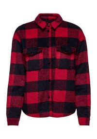 Chemise en flanelle à carreaux rouges et noirs avec deux poches poitrine, fermeture à boutons sur le devant et col pointu. Texture douce et manches longues.