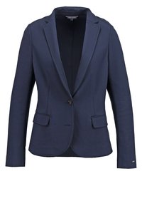 Blazer bleu marine à un bouton avec revers crantés et poches à rabat, coupe ajustée, manches longues et finition lisse.