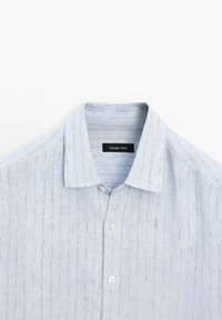 Lichtblauwe gestreepte overhemden met puntige kraag en drie zichtbare witte knopen, gemarkeerd met "Massimo Dutti" op het binnenlabel.