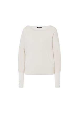 Pull en maille de couleur crème avec un col bateau, des manches volumineuses et des poignets boutonnés. Présente une texture côtelée subtile.