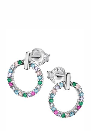 Silberne Creolen mit einem kreisförmigen Design, verziert mit mehrfarbigen Steinen: rosa, grün, blau und lila. Einfacher Steckverschluss.