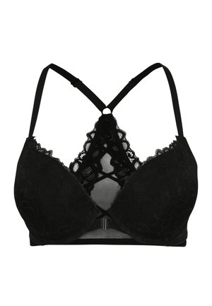 Schwarzer Spitzen-BH mit tiefem Ausschnitt und Kreuzdesign der Träger. Weiche Cups mit floralem Muster, verstellbaren Trägern und Hakenverschluss.