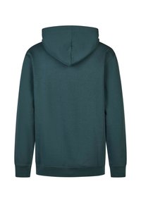 Hooded sweatshirt in dark teal, made of soft fabric. Features a ribbed hem and cuffs, with a smooth texture and no visible design details.