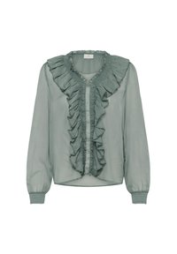 Lichtgroene, doorschijnende blouse met een geschulpte voorkant, volle mouwen en elastische manchetten. Heeft een ronde halslijn en een subtiele textuur.
