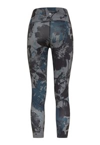 Leggings a vita alta con motivo floreale in tonalità di grigio, blu e nero. Realizzati in materiale elastico, con una texture liscia.