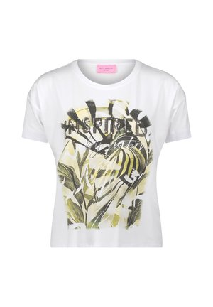 Biała bawełniana koszulka z graficznym nadrukiem zielonych i czarnych liści oraz napisem "INSPIRACJA PRZYRODĄ" w srebrnych akcentach.