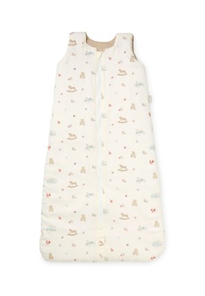 Kremfarget, ermeløs babysovepose med glidelås, dekorert med mønster av små teddybjørner, gyngehester, biler og leker.