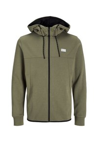 Olive green zip-up hoodie with a black interior, featuring adjustable drawstrings, ribbed cuffs, and two front pockets.