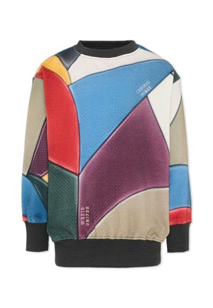 Felpa con blocchi di colore geometrici astratti in rosso, blu, viola, giallo, verde e beige, con polsini e orlo a costine neri.