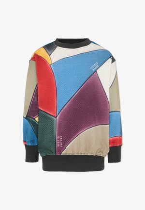 Felpa con blocchi di colore geometrici astratti in rosso, blu, viola, giallo, verde e beige, con polsini e orlo a costine neri.