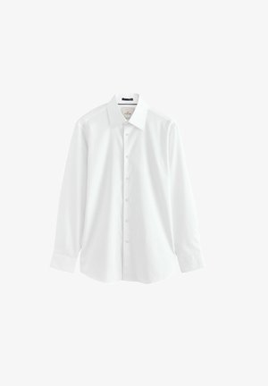 Valge pika varrukaga nööpidega shirt klassikalise kraega, valmistatud tekstureeritud kangast, otse lõikega ja seitse esist nööpi.