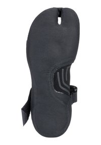 Black textile shoe sole with a textured surface, featuring a cutout and strap on the side, designed for secure foot placement.