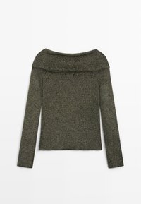 Top in maglia con design off-the-shoulder. Colore verde scuro con fili metallici, maniche lunghe e forma aderente. Texture liscia.