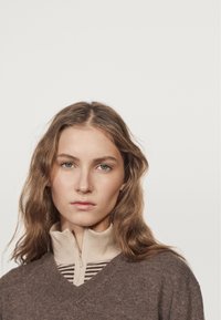 Brauner V-Ausschnitt-Pullover, der über einem beigen Half-Zip-Oberteil mit gestreiftem Muster getragen wird, mit weichem Material und lässiger Passform.