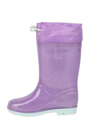 Fioletowy błyszczący gumowy kalosz z solidnym jasnofioletowym odstanym mankietem i białym sznurkiem, z teksturowaną podeszwą zapewniającą przyczepność.