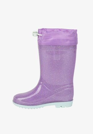 Fioletowy błyszczący gumowy kalosz z solidnym jasnofioletowym odstanym mankietem i białym sznurkiem, z teksturowaną podeszwą zapewniającą przyczepność.