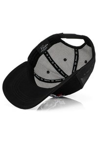 Black cap with a curved visor, mesh backing, and inner branding. Features embroidered details and a structured design.