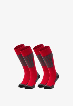 Rode crew sokken met grijze hiel- en teenaccenten, voorzien van een gestructureerd patroon op de bovenkant. Gemaakt van een zachte, rekbare stof.