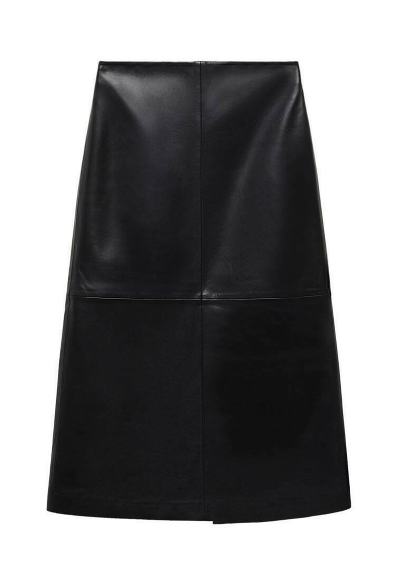 Jupe midi en cuir noir avec une finition lisse, présentant une coupe droite, des détails de couture et une silhouette en A. Aucun matériel visible.