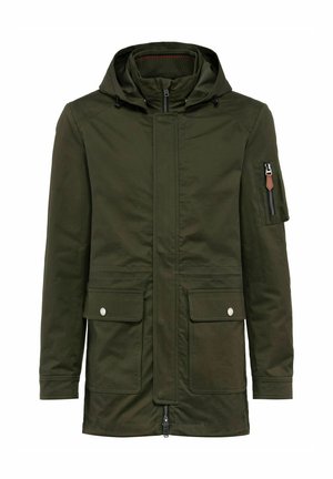 Wodoodporna kurtka oliwkowa z kapturem, zamkiem błyskawicznym z przodu, zatrzaskami, dwoma przednimi kieszeniami oraz małą zapinaną na zamek kieszonką na ramieniu. Gładka faktura.
