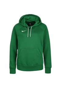 Haut à capuche Nike vert avec cordons blancs, poche kangourou à l'avant et logo swoosh Nike sur la poitrine.