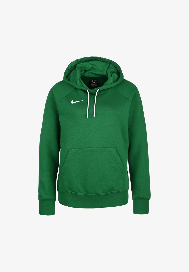 Haut à capuche Nike vert avec cordons blancs, poche kangourou à l'avant et logo swoosh Nike sur la poitrine.