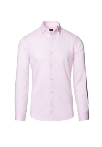 Jasnoróżowa koszula z długim rękawem, zapinana na guziki, z kołnierzykiem, o gładkiej fakturze i rzędzie guzików z przodu.