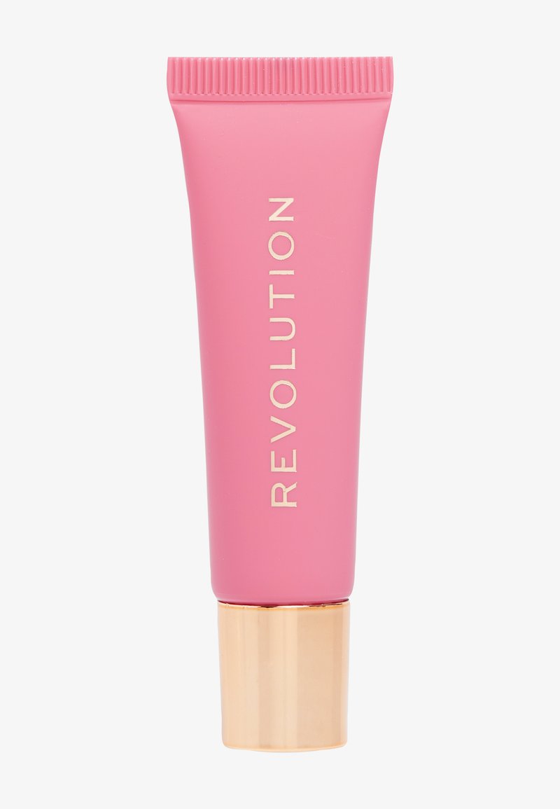 Rosa tube med kosmetisk produkt med en teksturert hette. Har gullaksenter og hvite bokstaver som sier "REVOLUTION." Slim og moderne design.