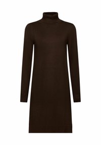 Brun, långärmad polokragsklänning med en figurnära passform och ribbade manschetter. Mjukt stickad tyg utan mönster eller dekorationer.