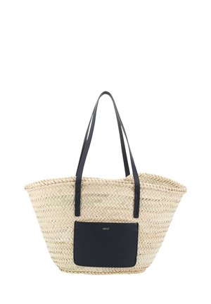 Woven straw tote bag with long black leather handles and a front black leather pocket with gold logo detailing.