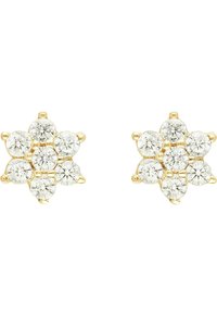 Gold-toned star-shaped earrings featuring seven round, clear gemstones set in a polished metal base, with prong accents for secure attachment.