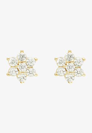 Goudkleurige stervormige oorbellen met zeven ronde, heldere edelstenen, gezet in een gepolijst metalen basis, met hoekige accenten voor een veilige bevestiging.
